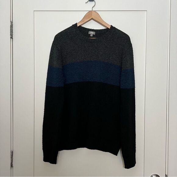 Uniqlo Heattech Sweater Mens Large Black Gray Stripe Knit Crew Neck Long Sleeve - Picture 1 of 12